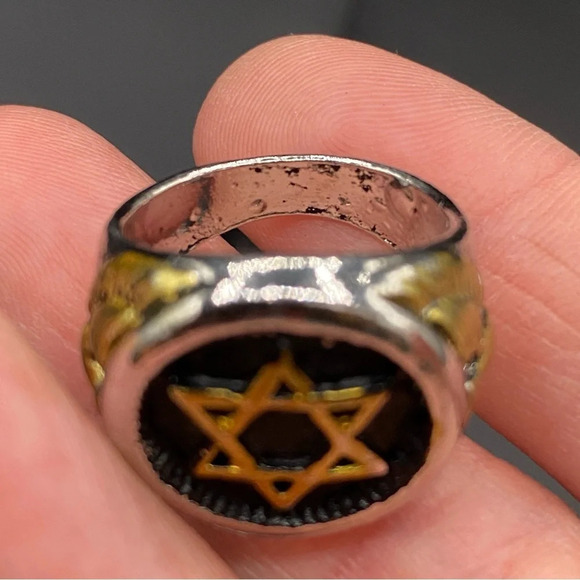 Gold Plated Stainless Steel 6 Point Star Ring with Eagle Design Size 8 - Picture 9 of 11